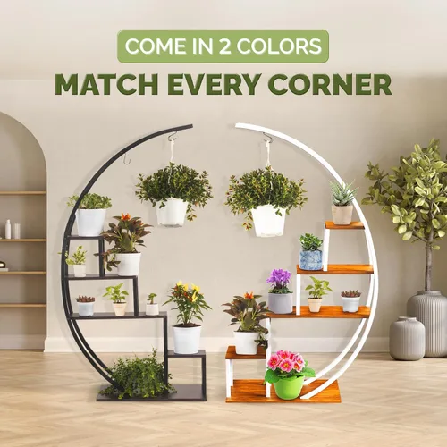 Vista 4 de IDZO - Estantería de metal en forma de media luna para plantas, estantes múltiples para interiores, marrón oscuro, ideal para la decoración