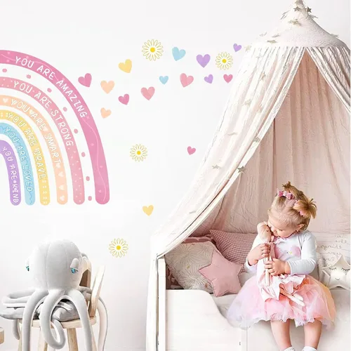 Vista 5 de Calcomanías de pared de acuarela arcoíris para despegar y pegar, eres calcomanías de paredes inspiradoras para guardería, decoración de pared