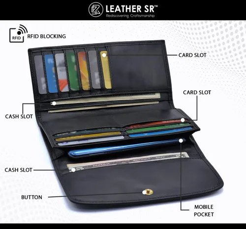 Vista 2 de Leather SR Cartera de cuero de grano superior RFID para mujer, con aspecto vintage resistente con 13 ranuras para tarjetas, 2 compartimentos