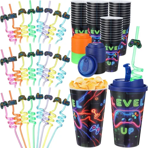 Vista 16 de Yungyan 16 juegos de tazas de golosinas con tapas y pajitas para decoraciones de cumpleaños, reutilizables, 16 onzas, vasos de plástico para dulces