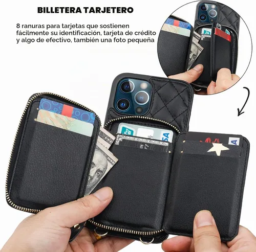 Vista 4 de Bocasal Funda tipo cartera cruzada para iPhone 12 Pro Max, con bloqueo RFID, de piel sintética, con cremallera, funda tipo cartera con función atril