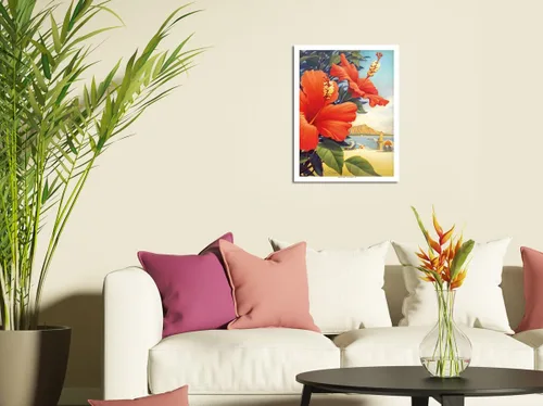 Vista 3 de Kerne Erickson - Cartel de viaje hawaiano vintage de madera de 8 x 12 pulgadas, diseño de hibisco rojo, diseño de hibisco rojo