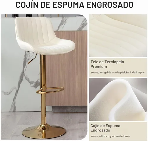Vista 4 de Juego de 2 taburetes de bar giratorios de terciopelo con respaldo y reposapiés, sillas de bar doradas modernas ajustables para isla de cocina, bar