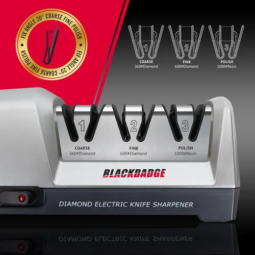 Vista 2 de BLACKBADGE Afilador de cuchillos eléctrico profesional para cuchillos de cocina, sistema de afilador de 3 etapas con abrasivos de diamante, afilado