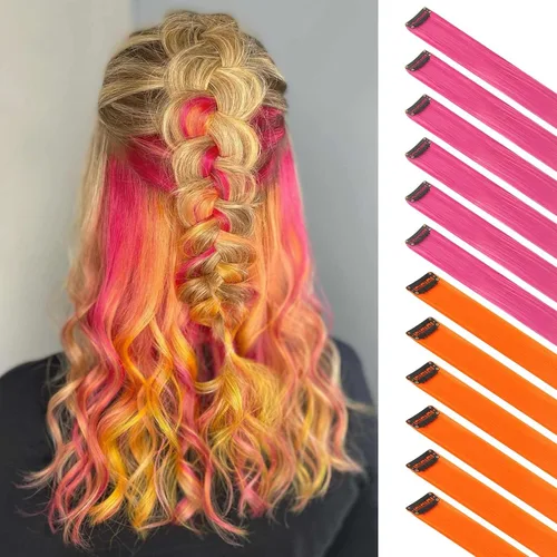 Vista 21 de FESHFEN Juego de 12 extensiones de cabello con clip, color negro, con clip, con purpurina, kit de accesorios coloridos para mujeres, de 20 pulgadas
