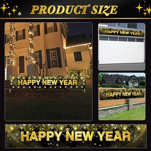 Vista 7 de Letrero grande de feliz año nuevo con luces LED para decoraciones de Navidad, cartel negro y dorado de 118 x 19.6 pulgadas con clips transparentes