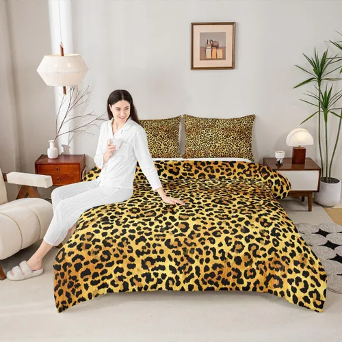 Vista 34 de Juego de edredón con estampado de leopardo para niños, tamaño individual, juego de ropa de cama de moda de piel de guepardo abstracto, decoración