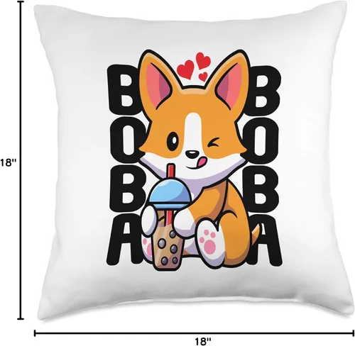 Vista 4 de Adorable Corgi Doggy Furry Mammals Pedigree Canine Kawaii Boba Dog Corgi Drink Lindo Anime Bubble Tea - Almohada de corazón, 18 x 18 pulgadas