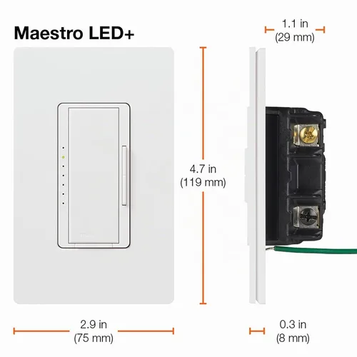 Vista 12 de Lutron Maestro LED+ Interruptor regulador de intensidad para bombillas LED regulables, halógenas e incandescentes, 150W/150W/unipolar o Almendra