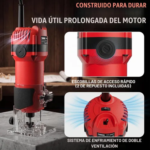 Vista 4 de TEENO Herramienta de enrutador, 1.25 HP 6.5 Amp Herramienta compacta de Rojo
