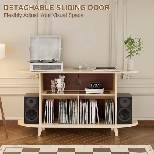 Vista 6 de Soporte para tocadiscos, gabinete de almacenamiento de discos de 55 pulgadas con estación de carga y puertos USB, soporte para tocadiscos