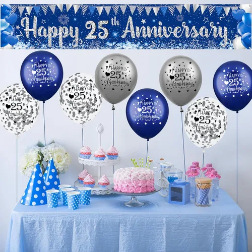 Vista 4 de Decoraciones azules plateadas para el 25 aniversario para hombres y mujeres, pancarta azul feliz 25 aniversario y 18 globos para suministros