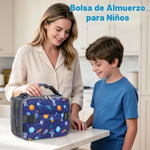 Vista 2 de Flowfly - Lonchera para niños, bolsa escolar aislada duradera con correa de hombro y soporte para botellas, minihielera térmica resistente al agua