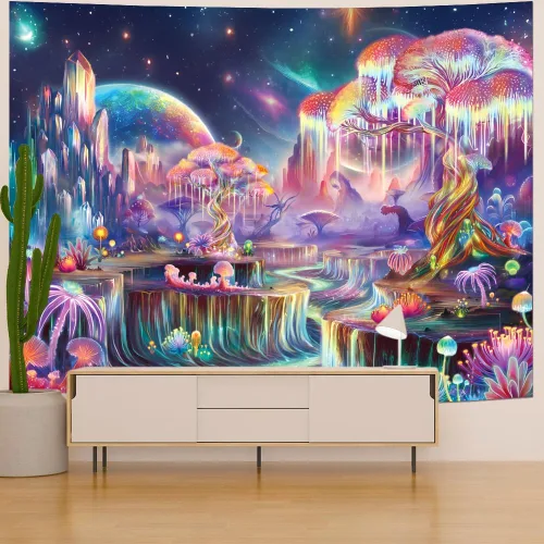 Vista 3 de Obsecolors - Tapiz de luz negra con árbol de la vida de fantasía, tapiz reactivo a los rayos UV, tapices del espacio galáctico, tapices de plantas