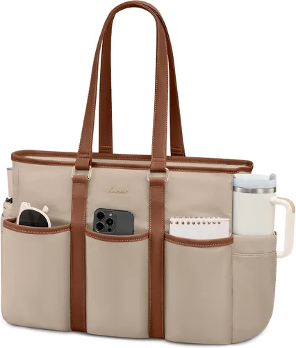 Vista 13 de LOVEVOOK bolso tote vintage para laptop para mujer, Beige-Negro, 15,6 pulg., Moda