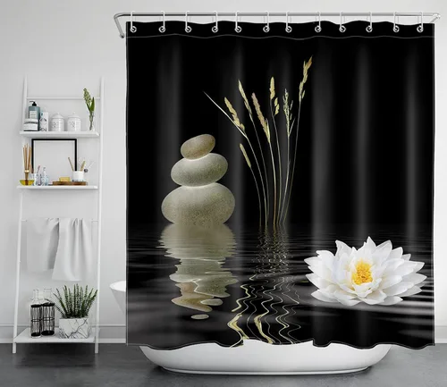 Vista 14 de LB Cortina de ducha asiática de piedra zen, cortina de ducha japonesa para baño, cortinas de baño de tela negra de 48 x 72 pulgadas con ganchos