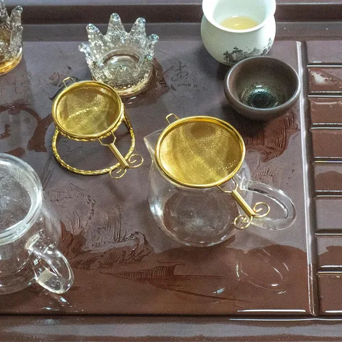 Vista 6 de 2 coladores de té, (colador de té pequeño, colador grande) con un soporte, colador de malla fina de acero inoxidable (dorado)