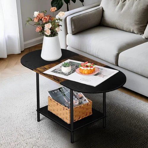 Vista 9 de OYEAL Mesa de Café Negra para Sala de Estar, Mesa Central Pequeña de 2 Niveles Ovalada, Mesa de Té Redonda de Granja de Media Siglo con Estante