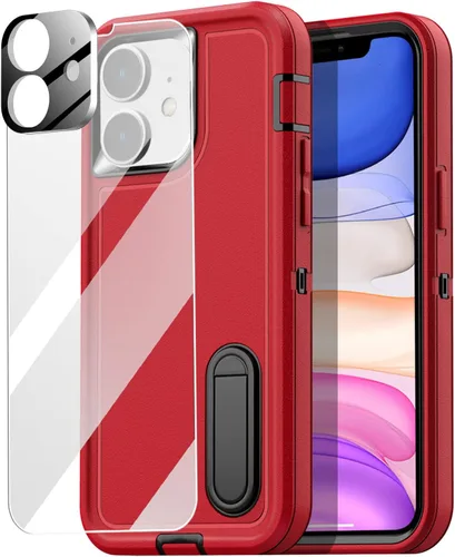 Vista 9 de AICase Funda para iPhone 11 con soporte integrado con protector de pantalla de vidrio + lente de cámara, resistente protección contra caídas, cuerpo