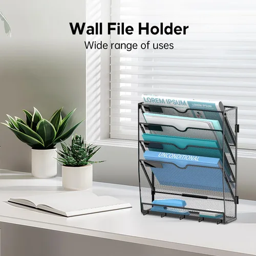 Vista 8 de 5 Tier Wall File Organizer, Metal Holder with Bottom Hooks Negro