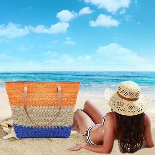 Vista 113 de Bolso grande de paja para mujer, tejido de ratán, bolso de playa de verano, a rayas