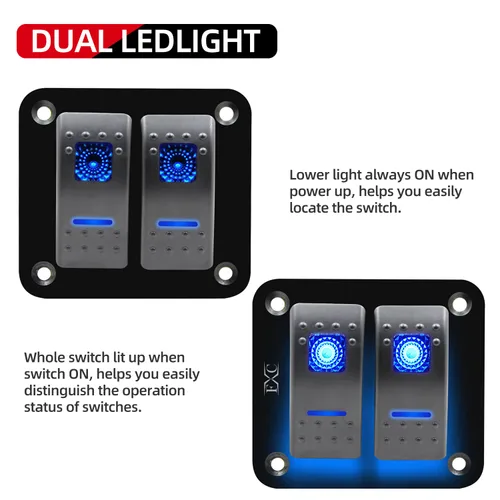 Vista 2 de FXC Interruptor basculante Panel de aluminio 2 Gang Interruptores de palanca Dash 5 Pin ON/OFF 2 LED retroiluminado para barco coche azul marino
