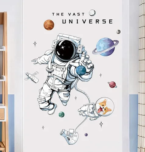 Vista 2 de ROFARSO Calcomanías de pared de astronauta, planeta, espacio, corgi, perro, bricolaje, vinilo extraíble, calcomanías de pared grandes, decoración