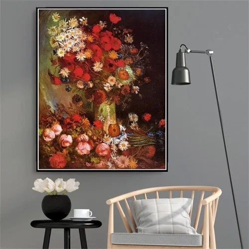 Vista 2 de Pintura por números para adultos Kits de jarrón con amapolas acianos peonías y crisantemos Pintura por Vincent Van Gogh Pintura DIY Pintura por