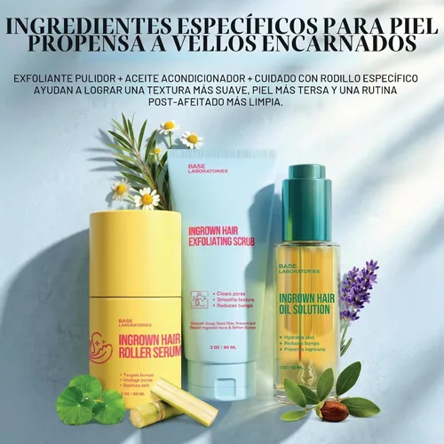 Vista 2 de BASE LABORATORIES Trío de rutina de cabello encarnado, aceite para el cabello encarnado, exfoliante corporal y rodillo encarnado, rutina de cuidado