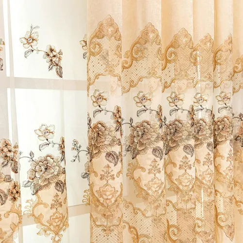 Vista 2 de ELKCA Cortina de Chenille Bordada Beige de Estilo Europeo para Sala de Estar, Elegantes Cortinas Florales de Chenille para Dormitorio, Parte