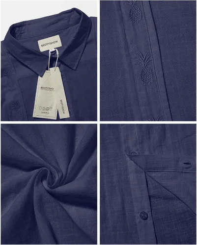 Vista 3 de Camisas de manga corta para hombre, estilo guayabera cubano, bordadas, de lino y piña, para la playa, para verano, casuales, con botones, 0-azul