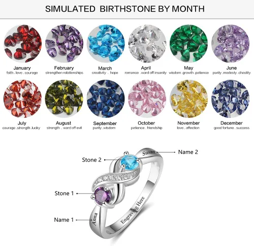 Vista 2 de Anillo personalizado para madres infinitas con 2 piedras natales redondas simuladas, anillos de compromiso para mujer