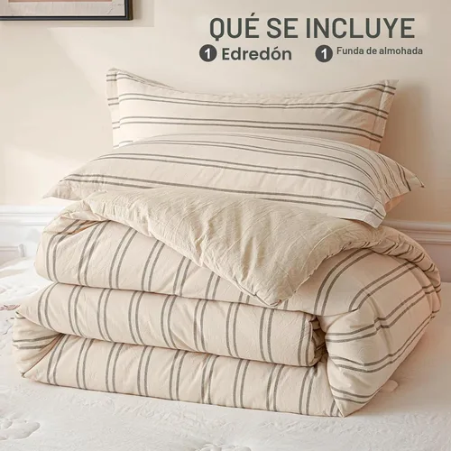 Vista 6 de Cyusri Juego de edredón de algodón a rayas tamaño individual, juego de ropa de cama suave y ligera de 2 piezas con 1 funda de almohada, reversible