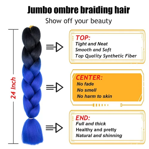 Vista 3 de 3 paquetes de extensiones de cabello sintético para trenzar de color negro a azul, tamaño jumbo ombré, de 24 pulgadas o trenzas de ganchillo
