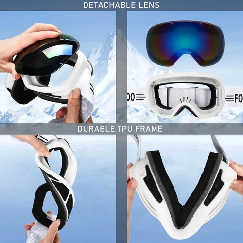 Vista 5 de FONHCOO Gafas de esquí para hombres y mujeres, antivaho OTG gafas de snowboard con lente desmontable para esquí, patinaje, protección UV
