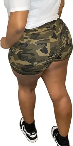 Vista 3 de Pantalones cortos cargo de camuflaje para mujer, cintura alta, pantalones cortos de fatiga militar, pantalones cortos de mezclilla de camuflaje