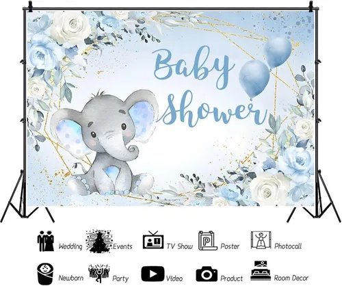 Vista 3 de Telón de fondo de elefante de 5 x 4 pies para baby shower, fondo de flores azules para fotografía, revelación de género, cartel de fiesta de niño