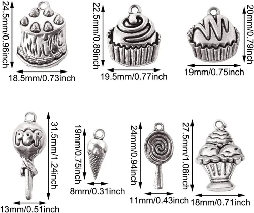 Vista 2 de Honbay 70 dijes de aleación para tartas, piruletas, helados, magdalenas, alimentos, colgantes para aretes, pulseras, collares, joyería (7 estilos)