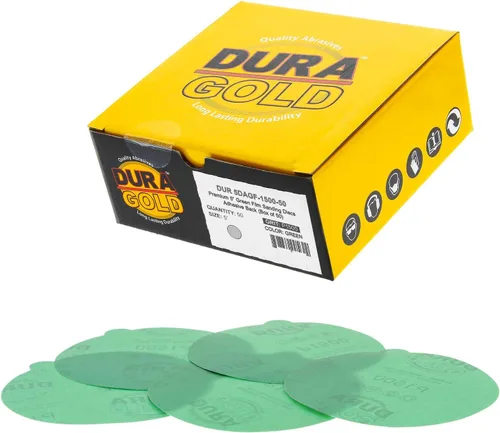 Vista 19 de Dura-Gold Discos de lija PSA de película verde de 5 pulgadas, grano 80 (caja de 50), discos de papel de lija autoadhesivos con parte trasera