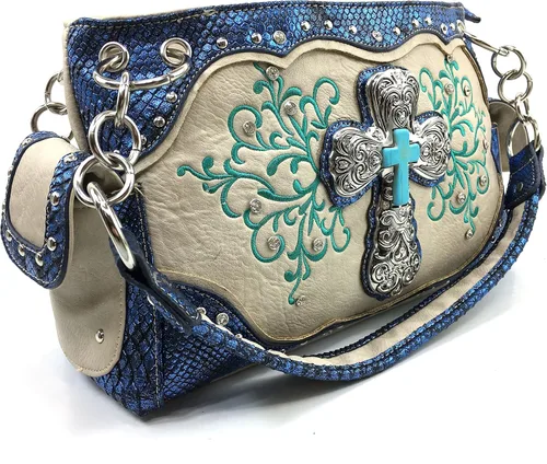 Vista 2 de Justin West - Bolso de mano con bordado floral, color turquesa