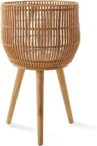 Vista 9 de Maceta Casafield para Interior con Soporte, Maceta de Piso Negra con Patas de Madera, Gran Cubierta de Maceta con Forro para Plantas de Casa