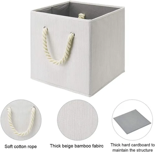 Vista 4 de Contenedores plegables de almacenamiento de tela de bambú beige y blanco, organizador resistente con asa de cuerda de algodón para oficina en casa
