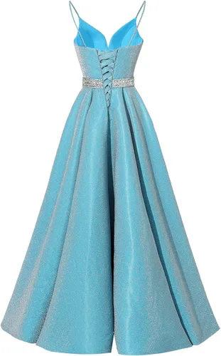 Vista 3 de Yexinbridal Vestido de fiesta con tirantes delgados con purpurina y cuentas largas de satén con cuello en V