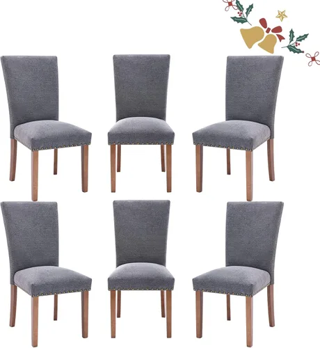 Vista 14 de Juego de 2 sillas tapizadas de tela para comedor, sillas de cocina estilo Parsons con ribete de cabeza de clavo y patas de madera - Beige