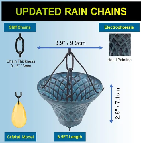 Vista 3 de [Actualizado] Cadenas de lluvia de hierro azul cielo (ambos lados) de 8.5 pies para canalón y barril de lluvia, cadena de lluvia chapada resistente