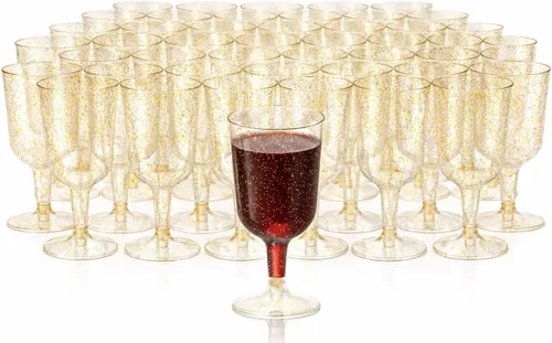 Vista 11 de MATANA 100 copas de vino de plástico, purpurina dorada de 6 onzas – Copas de vino doradas – Copas de vino – Cálices de plástico elegantes