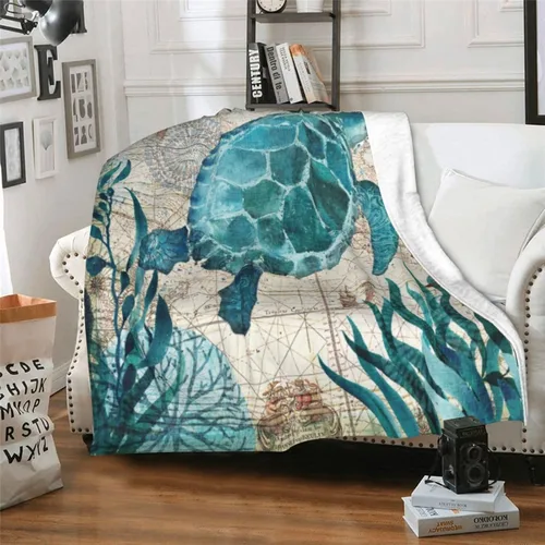 Vista 5 de Manta de felpa con aire acondicionado, diseño vintage de tortuga oceánica y estrellas de mar, mapa del mundo, ultra suave, acogedora, para cama