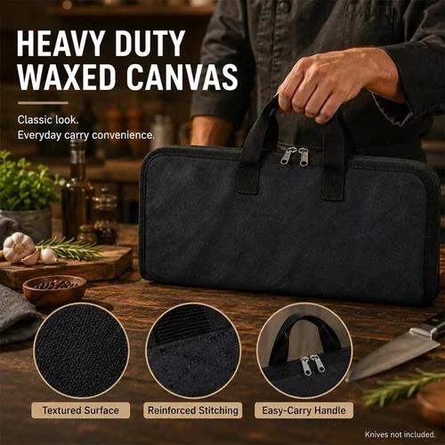 Vista 5 de Rollo de cuchillos, bolsa resistente para cuchillos, estuche de lona encerada con 4 ranuras para cuchillos y herramientas de cocina, bolsa