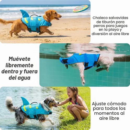 Vista 9 de Chaleco salvavidas para perros de Fragralley Shark, chaleco salvavidas ajustable para perros con aleta de tiburón, adecuado para perros pequeños