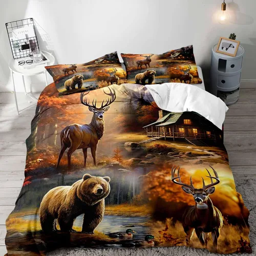 Vista 8 de LUVIVIHOME Juego de funda de edredón de 2 piezas, diseño de oso y alce, ciervo, ciervo, ropa de cama de cabaña, ropa de cama rústica de granja
